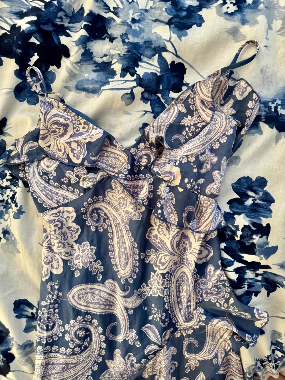 Blue & Ivory Paisley Ruffle Slip Dress